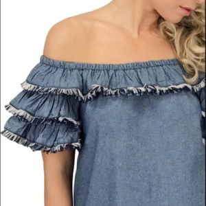 Minkpink denim off-the-shoulder dress, XS